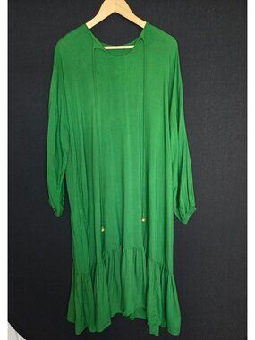 💙 Maria B Green Oversized Ruffle Hem Maxi Dress Size L/XL Balloon Sleeve Boho